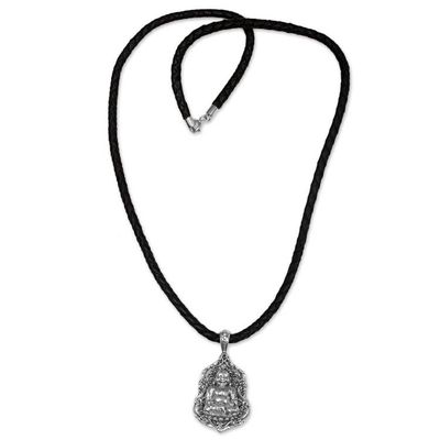 Alternate image for Sterling Silver Leather Buddha Pendant Necklace Indonesia Pu-Tai Buddha