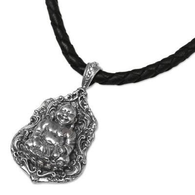 Alternate image for Sterling Silver Leather Buddha Pendant Necklace Indonesia Pu-Tai Buddha