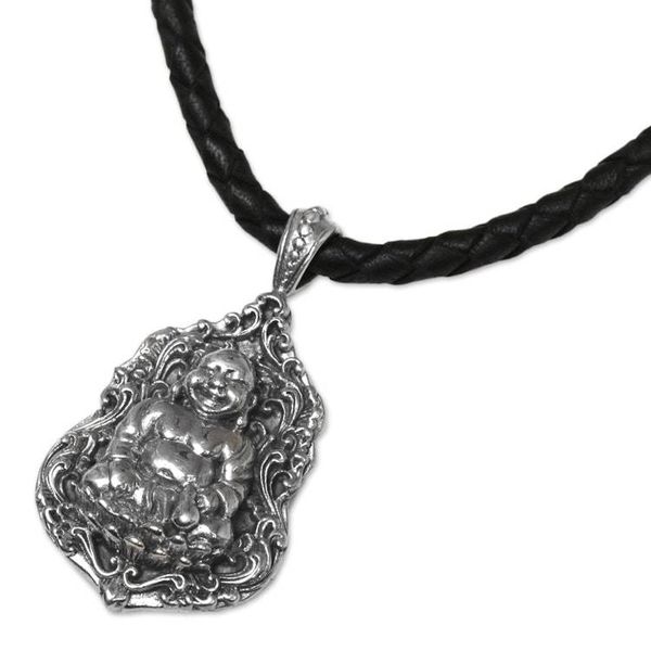 Alternate image for Sterling Silver Leather Buddha Pendant Necklace Indonesia Pu-Tai Buddha