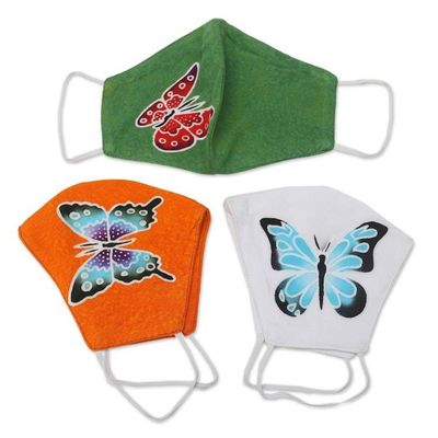 Alternate image for 3 Hand-Painted Butterfly on Balinese Batik 2-Layer Masks Island Butterfly Beauty