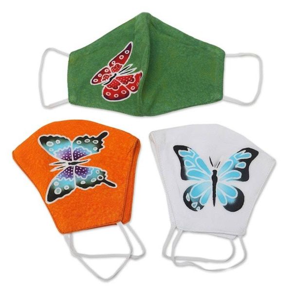 Alternate image for 3 Hand-Painted Butterfly on Balinese Batik 2-Layer Masks Island Butterfly Beauty