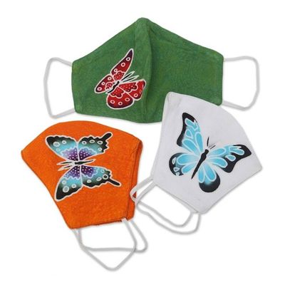 Alternate image for 3 Hand-Painted Butterfly on Balinese Batik 2-Layer Masks Island Butterfly Beauty