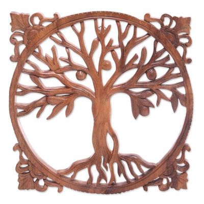 Alternate image for Hand-Carved Suar Wood Relief Panel of a Tree from Bali Reaching Tree