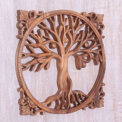 Alternate image for Hand-Carved Suar Wood Relief Panel of a Tree from Bali Reaching Tree