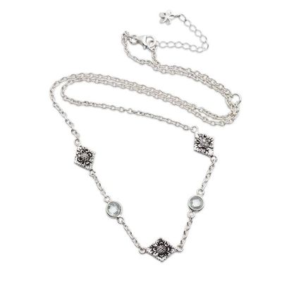 Alternate image for Floral-Themed Blue Topaz Sterling Silver Station Necklace Balinese Plumeria
