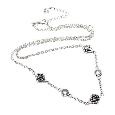Alternate image for Floral-Themed Blue Topaz Sterling Silver Station Necklace Balinese Plumeria