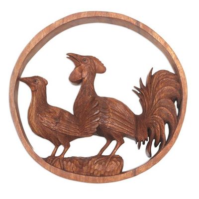 Alternate image for Hand Carved Suar Wood Chicken Relief Panel Chicken Duo