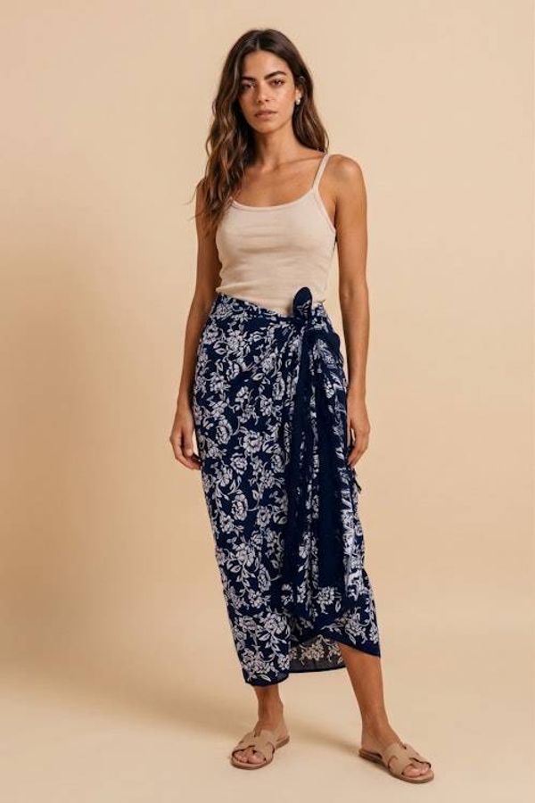 Alternate image for Black and White Rayon Sarong with Floral Batik Motifs Tropical Garden in Black