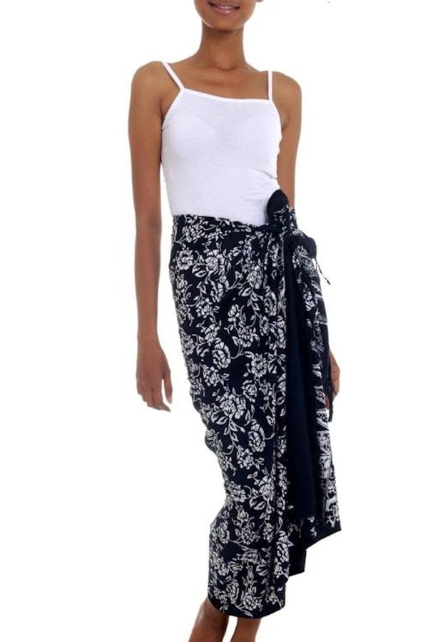 Alternate image for Black and White Rayon Sarong with Floral Batik Motifs Tropical Garden in Black