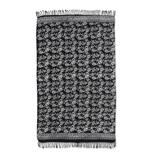 Alternate image for Black and White Rayon Sarong with Floral Batik Motifs Tropical Garden in Black