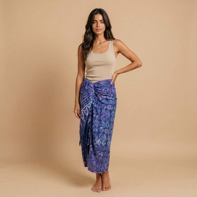 Alternate image for Leaf Motif Batik Rayon Sarong in Purple from Bali Peaceful Fronds