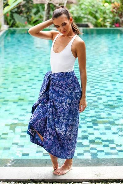 Alternate image for Leaf Motif Batik Rayon Sarong in Purple from Bali Peaceful Fronds