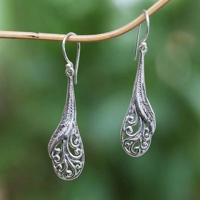 Alternate image for Hand Made Sterling Silver Feather Dangle Earrings Indonesia Floating Peacock Feathers