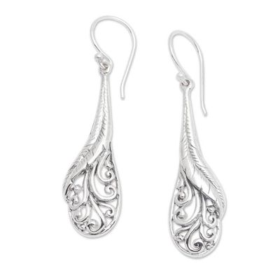 Alternate image for Hand Made Sterling Silver Feather Dangle Earrings Indonesia Floating Peacock Feathers