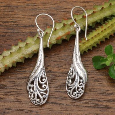 Alternate image for Hand Made Sterling Silver Feather Dangle Earrings Indonesia Floating Peacock Feathers