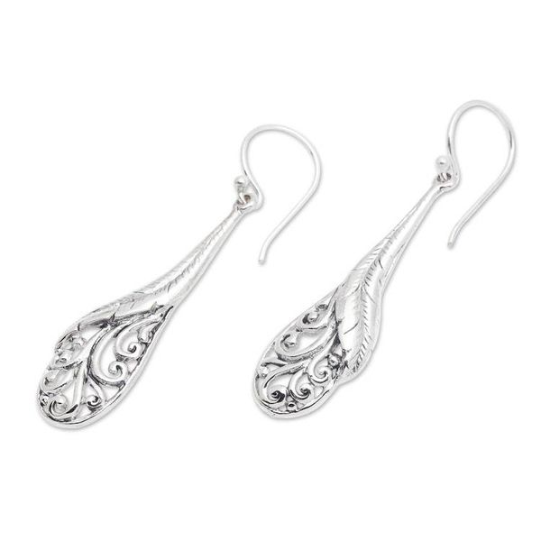 Alternate image for Hand Made Sterling Silver Feather Dangle Earrings Indonesia Floating Peacock Feathers