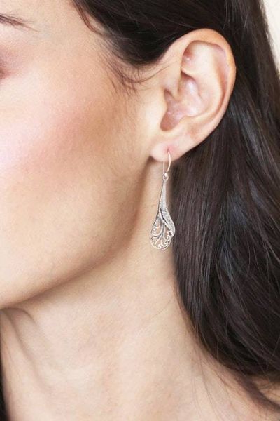 Alternate image for Hand Made Sterling Silver Feather Dangle Earrings Indonesia Floating Peacock Feathers