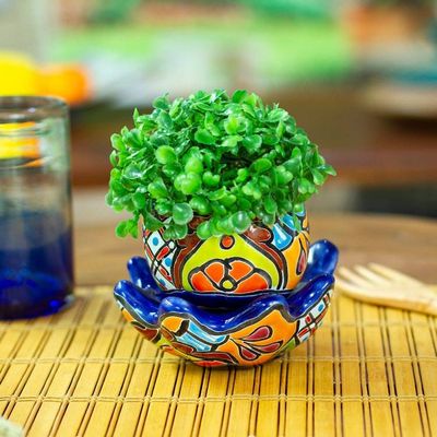 Alternate image for Handcrafted Floral Ceramic Pot with Saucer in an Indigo Hue Talavera Eden in Indigo