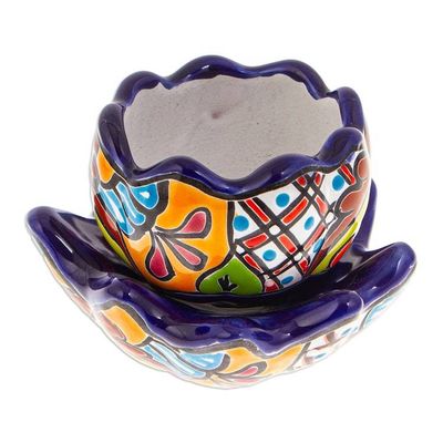Alternate image for Handcrafted Floral Ceramic Pot with Saucer in an Indigo Hue Talavera Eden in Indigo