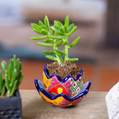 Alternate image for Handcrafted Floral Ceramic Pot with Saucer in an Indigo Hue Talavera Eden in Indigo