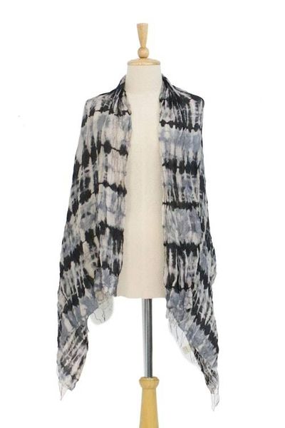 Alternate image for Handwoven Black and Grey Tie-Dye Silk Shawl from Thailand Monochrome Monarch
