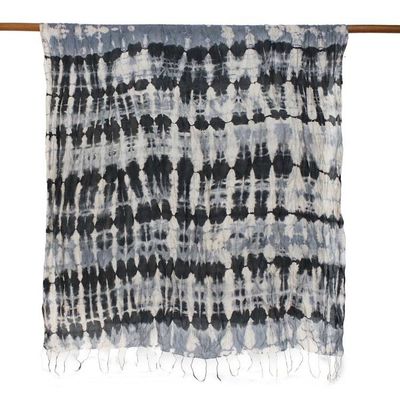 Alternate image for Handwoven Black and Grey Tie-Dye Silk Shawl from Thailand Monochrome Monarch