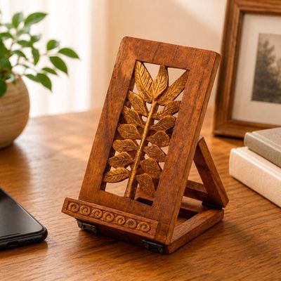 Alternate image for Leaf-Themed Jempinis Wood Phone Holder with Golden Accents Leafy Discovery