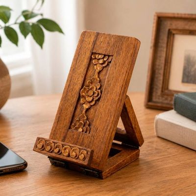 Primary image for Hand-Carved Foldable Wood Phone Holder with Floral Motifs Floral Future