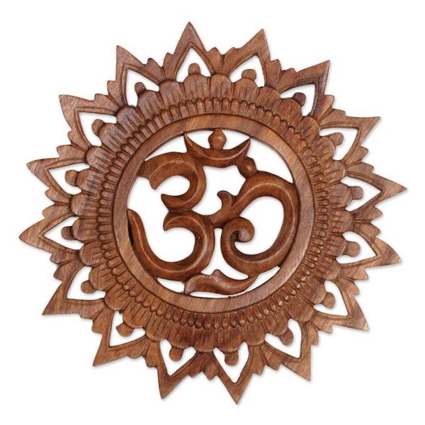 Alternate image for Hand Carved Suar Wood Om Relief Panel from Bali Om Bloom