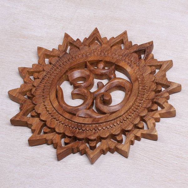 Alternate image for Hand Carved Suar Wood Om Relief Panel from Bali Om Bloom