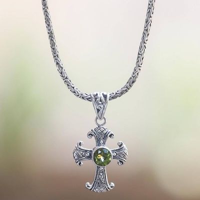 Alternate image for Peridot and Sterling Silver Necklace with Cross Pendant Holy Sacrifice in Green