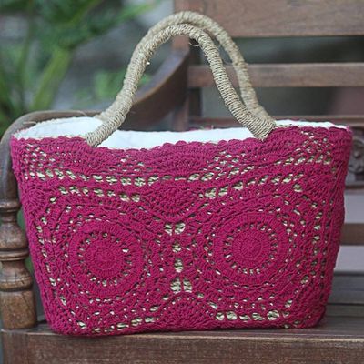Primary image for Magenta Crochet on Hand Woven Natural Fiber Shopping Bag Twin Magenta Mandalas