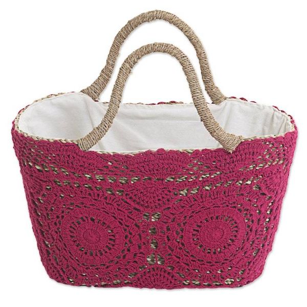 Alternate image for Magenta Crochet on Hand Woven Natural Fiber Shopping Bag Twin Magenta Mandalas