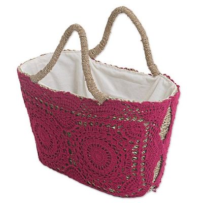 Alternate image for Magenta Crochet on Hand Woven Natural Fiber Shopping Bag Twin Magenta Mandalas