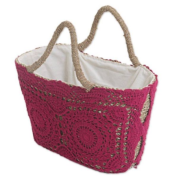 Alternate image for Magenta Crochet on Hand Woven Natural Fiber Shopping Bag Twin Magenta Mandalas