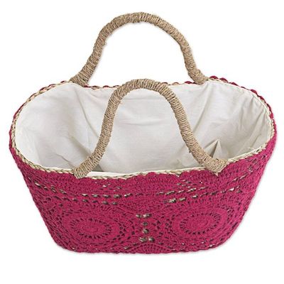 Alternate image for Magenta Crochet on Hand Woven Natural Fiber Shopping Bag Twin Magenta Mandalas