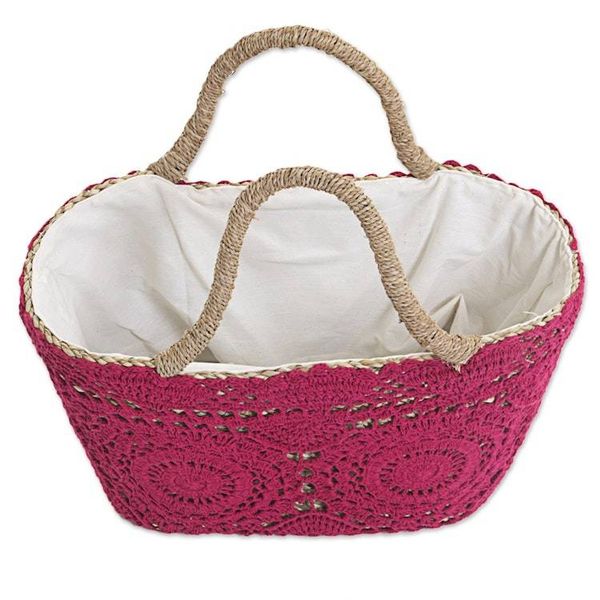 Alternate image for Magenta Crochet on Hand Woven Natural Fiber Shopping Bag Twin Magenta Mandalas