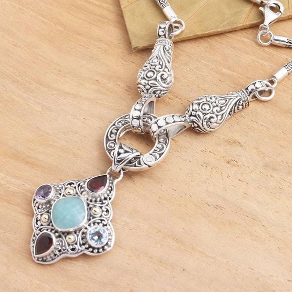 Alternate image for Multi-Gemstone Sterling Silver Pendant Necklace Gold Accent When the Wind Blows