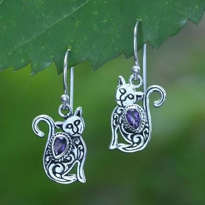 Alternate image for Whimsical Sterling Silver and Amethyst Cat Dangle Earrings Purple Lazy Cat