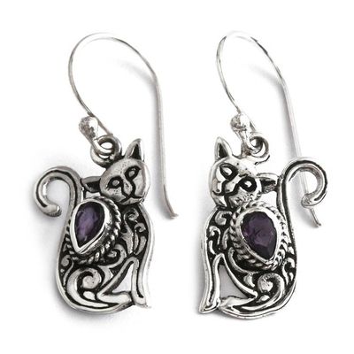 Alternate image for Whimsical Sterling Silver and Amethyst Cat Dangle Earrings Purple Lazy Cat