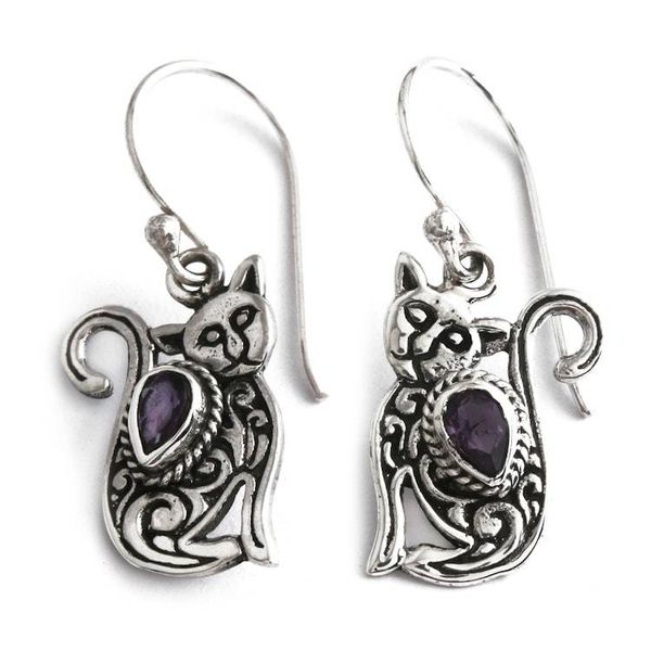 Alternate image for Whimsical Sterling Silver and Amethyst Cat Dangle Earrings Purple Lazy Cat