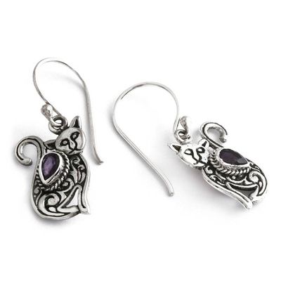 Alternate image for Whimsical Sterling Silver and Amethyst Cat Dangle Earrings Purple Lazy Cat