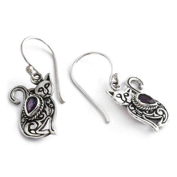 Alternate image for Whimsical Sterling Silver and Amethyst Cat Dangle Earrings Purple Lazy Cat