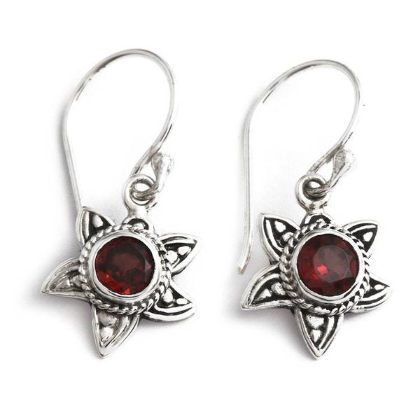 Alternate image for Natural Garnet and Sterling Silver Floral Dangle Earrings Crimson Sunflower