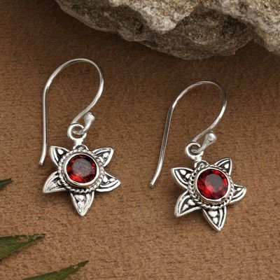Alternate image for Natural Garnet and Sterling Silver Floral Dangle Earrings Crimson Sunflower
