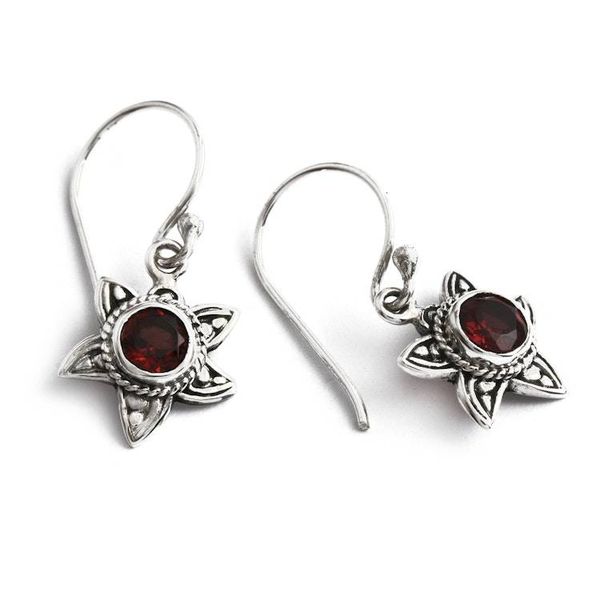 Alternate image for Natural Garnet and Sterling Silver Floral Dangle Earrings Crimson Sunflower