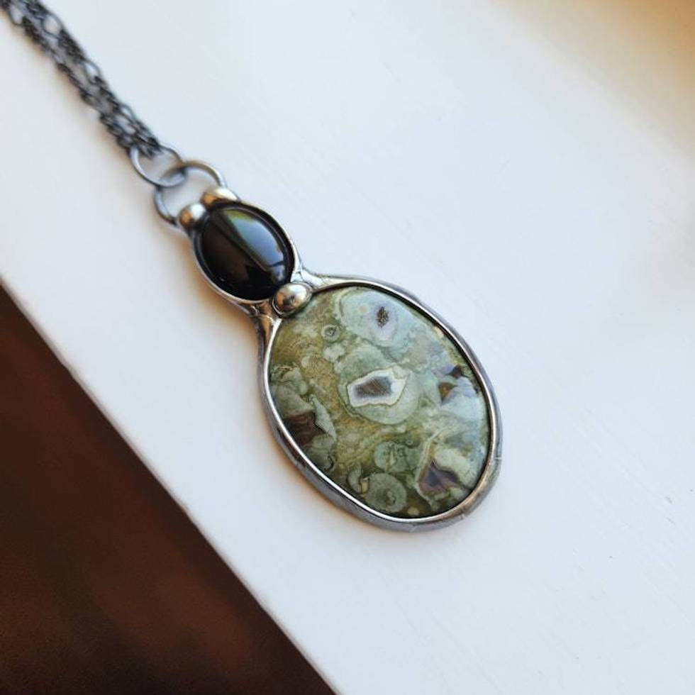 Sea Sediment Jasper & Black Onyx Necklace, Handmade Gemstone Pendant, Nature Inspired Jewelry