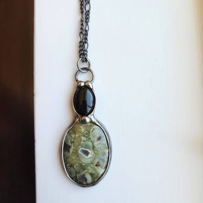 Alternate image for Sea Sediment Jasper & Black Onyx Necklace, Handmade Gemstone Pendant, Nature Inspired Jewelry