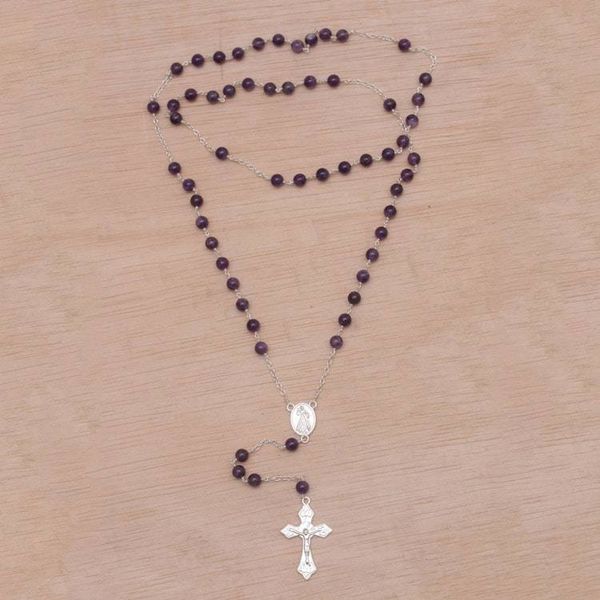 Alternate image for Handmade Amethyst and Sterling Silver Rosary Y-Necklace Blessed Mary