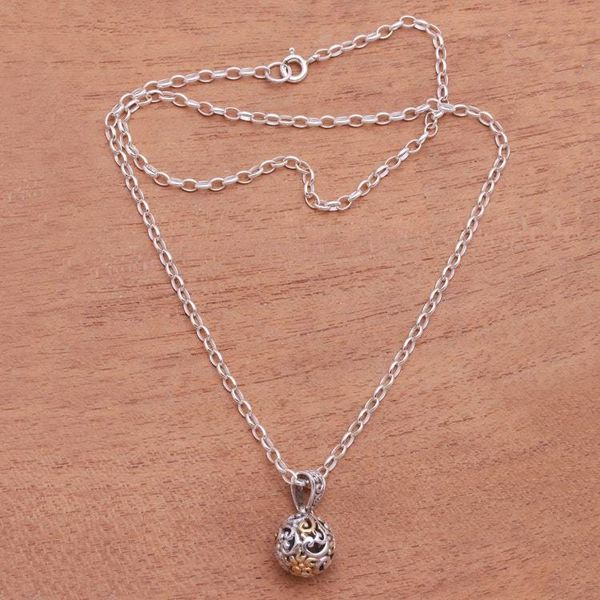Alternate image for Swirl Pattern Gold Accented Sterling Silver Pendant Necklace Forest Orb